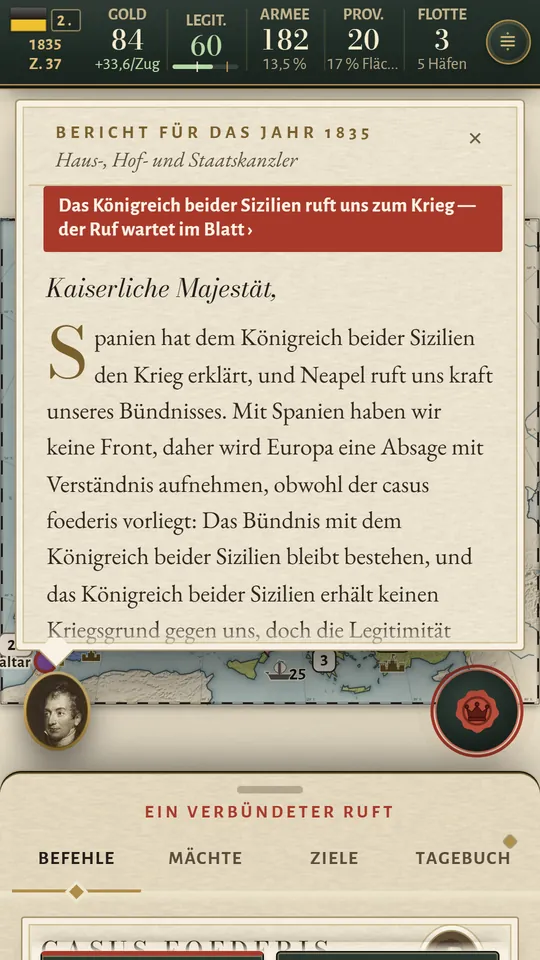 Telefonbildschirm: der Bericht des Kanzlers für 1835 mit rotem Band, das Königreich beider Sizilien ruft uns zum Krieg.