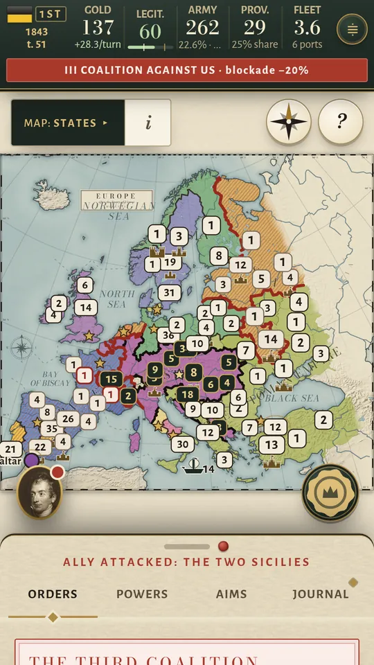 Phone screen: the map of Europe with a red bar across the top: the third coalition against us, blockade minus 20 percent.
