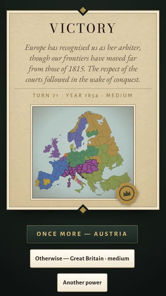 Phone screen: Victory, with the final map of Europe.