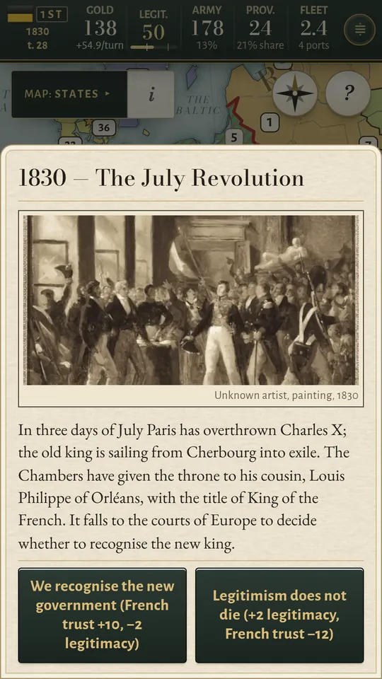Phone screen: the July Revolution, a period painting and two answers with their price.