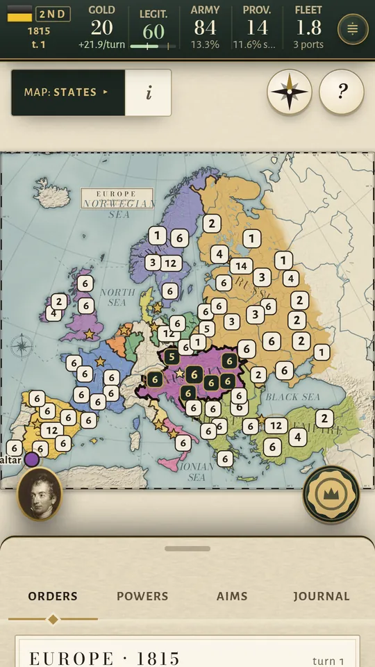 Phone screen: the map of Europe in 1815, each province marked with the strength of its army.