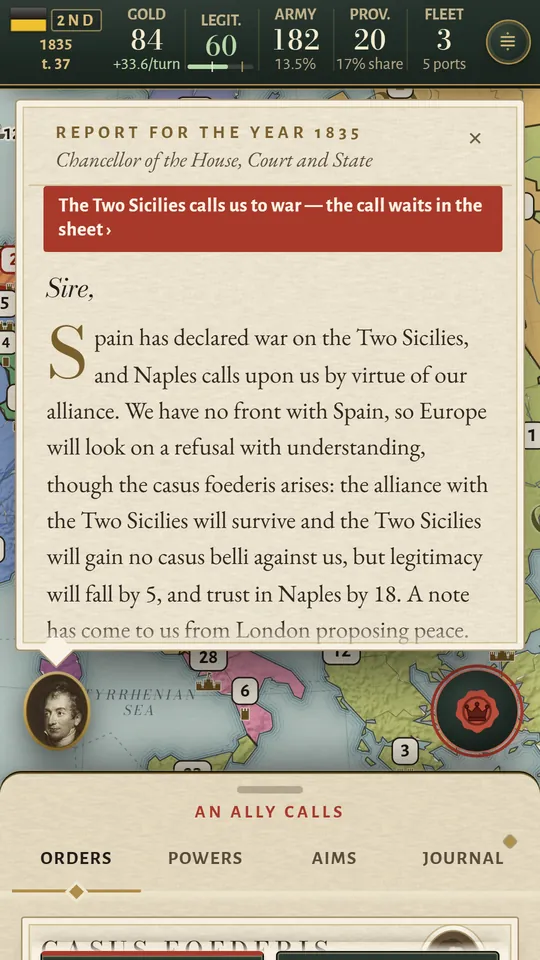Phone screen: the chancellor’s report for 1835 with a red banner, The Two Sicilies calls us to war.