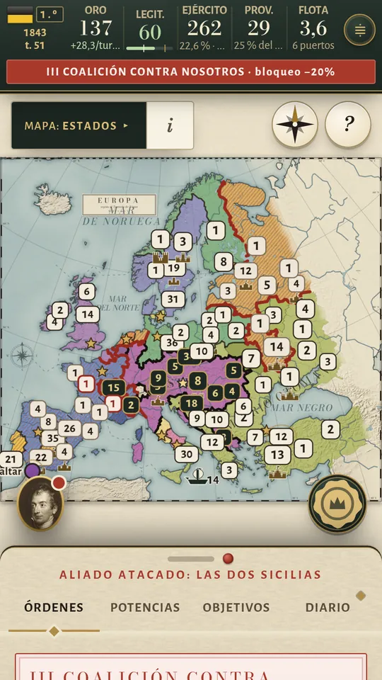 Pantalla de teléfono: el mapa de Europa con una franja roja arriba: la Tercera Coalición contra nosotros, bloqueo, menos 20 por ciento.