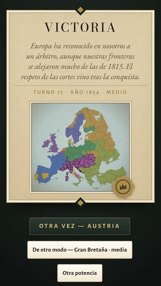 Pantalla de teléfono: Victoria, con el mapa final de Europa.