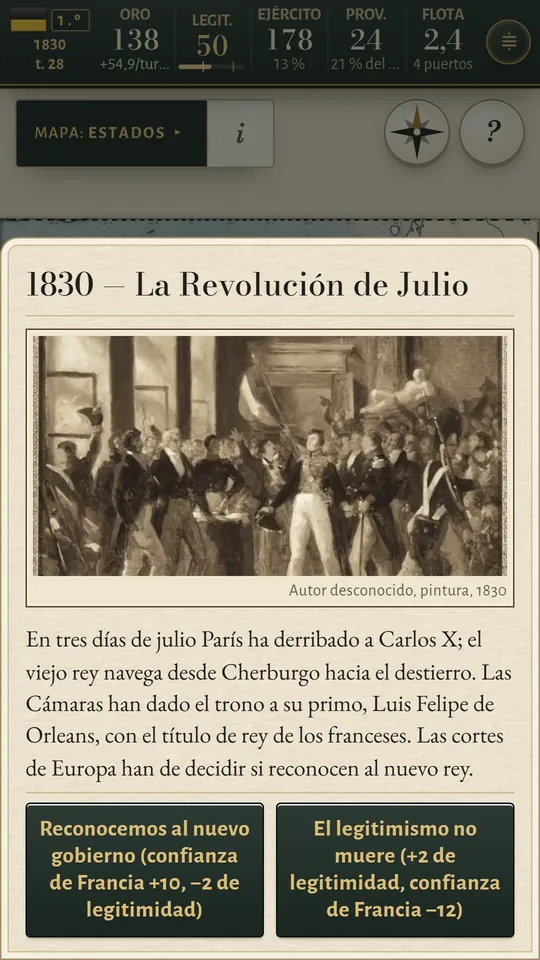 Pantalla de teléfono: la Revolución de Julio, un cuadro de la época y dos respuestas con su precio.