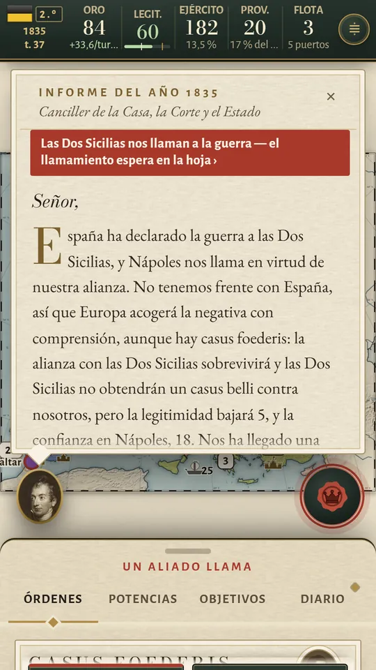 Pantalla de teléfono: el informe del canciller de 1835 con una franja roja: el Reino de las Dos Sicilias nos llama a la guerra.