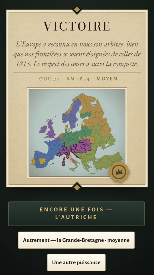 Écran de téléphone : Victoire, avec la carte finale de l’Europe.