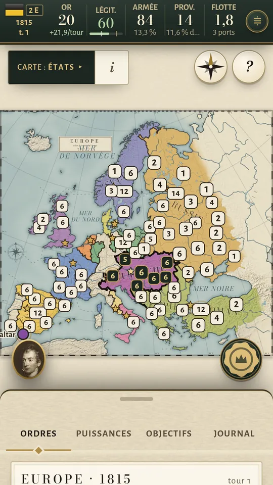 Écran de téléphone : la carte de l’Europe en 1815, chaque province avec la force de ses troupes.