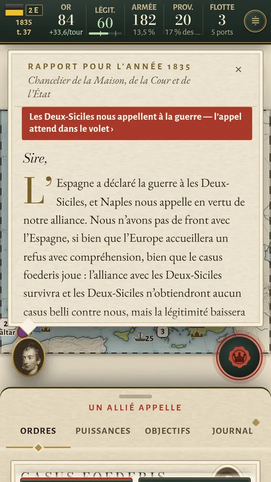 Écran de téléphone : le rapport du chancelier pour 1835, avec un bandeau rouge : le royaume des Deux-Siciles nous appelle à la guerre.