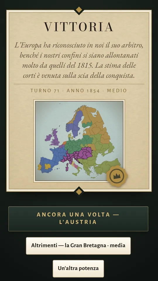 Schermata del telefono: Vittoria, con la mappa finale d’Europa.