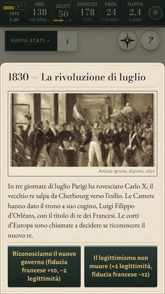 Schermata del telefono: la rivoluzione di luglio, un dipinto dell’epoca e due risposte con il loro prezzo.