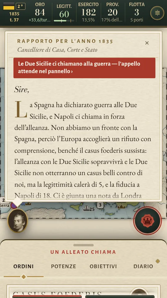 Schermata del telefono: il rapporto del cancelliere per il 1835 con una fascia rossa: il Regno delle Due Sicilie ci chiama alla guerra.