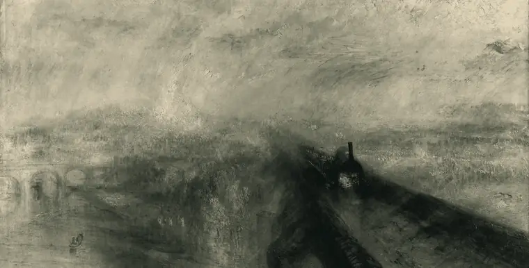A steam train crossing a bridge through rain and mist, painted in loose, bright strokes.