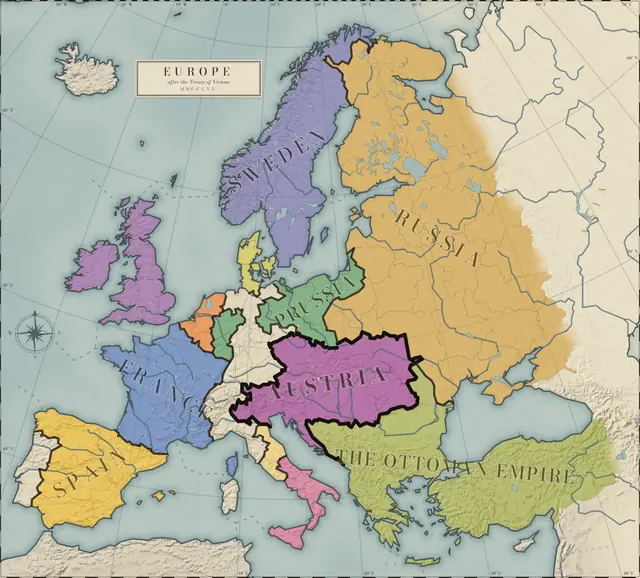 Map of Europe in 1815, from this game: the territories of the twelve powers, wars hatched in the enemy’s colour.