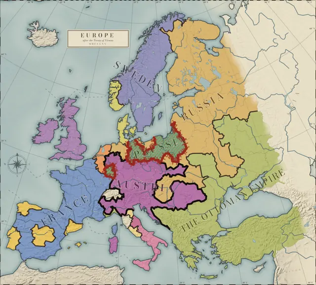 Map of Europe in 1829, from this game: the territories of the twelve powers, wars hatched in the enemy’s colour.