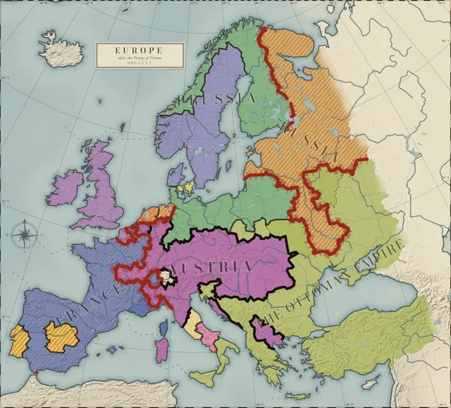 Map of Europe in 1843, from this game: the territories of the twelve powers, wars hatched in the enemy’s colour.