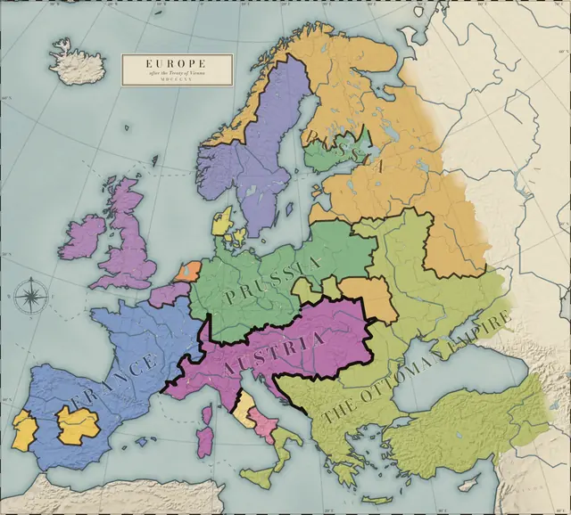 Map of Europe in 1854, from this game: the territories of the twelve powers, wars hatched in the enemy’s colour.