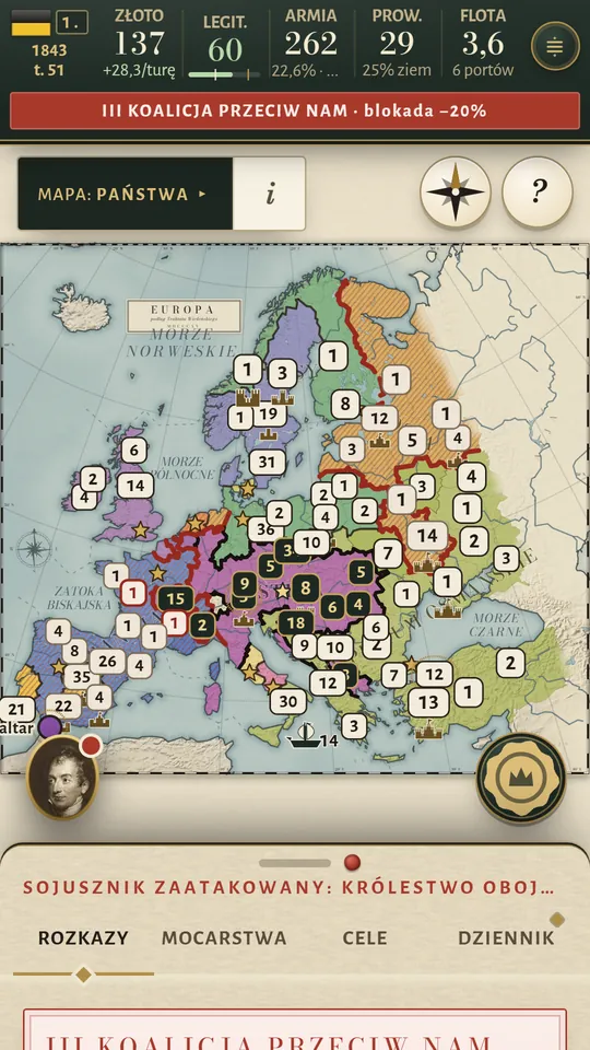 Ekran telefonu: mapa Europy z czerwonym paskiem u góry: trzecia koalicja przeciw nam, blokada minus 20 procent.