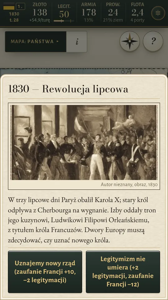 Ekran telefonu: rewolucja lipcowa, obraz z epoki i dwie odpowiedzi z ceną.