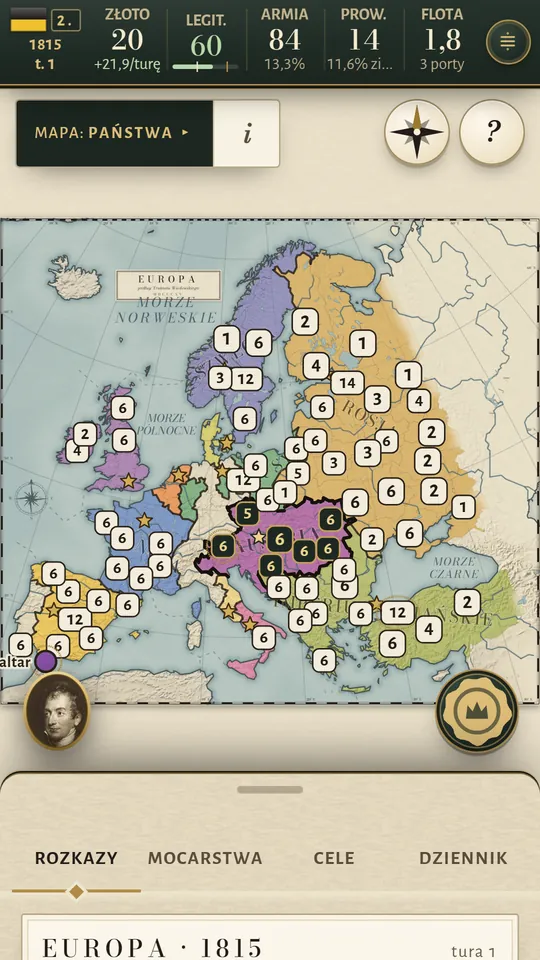 Ekran telefonu: mapa Europy w 1815 roku, przy każdej prowincji siła jej wojska.