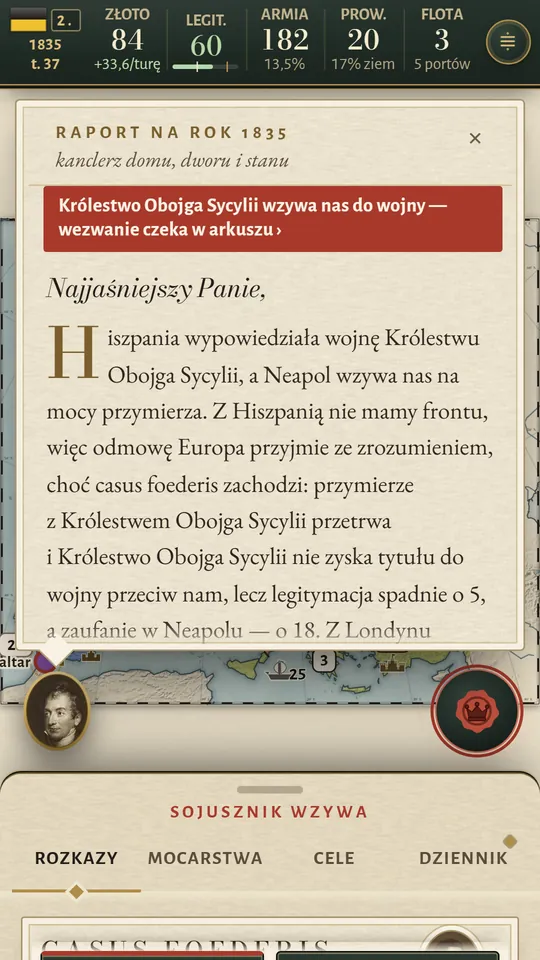 Ekran telefonu: raport kanclerza na rok 1835 z czerwonym paskiem wezwania Królestwa Obojga Sycylii.