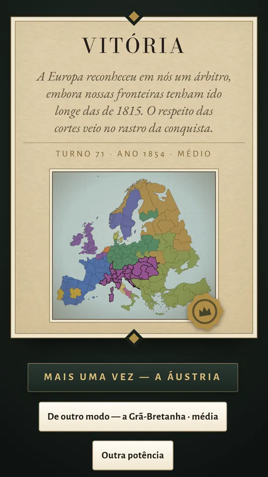 Tela de celular: Vitória, com o mapa final da Europa.