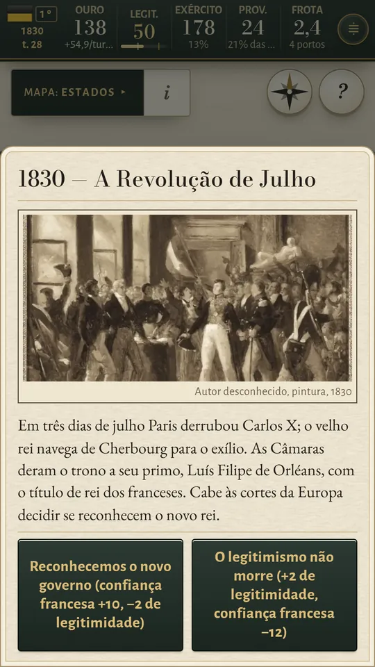 Tela de celular: a Revolução de Julho, uma pintura da época e duas respostas com seu preço.