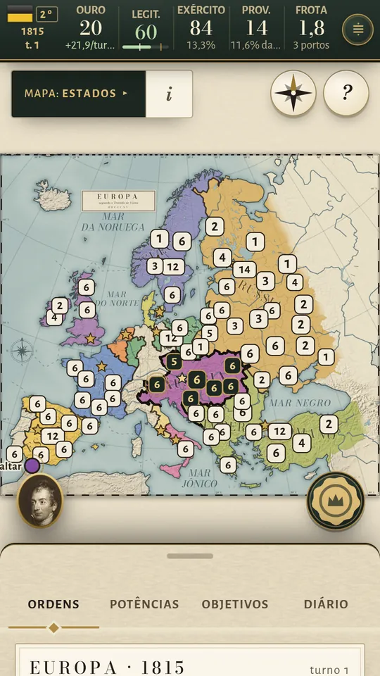 Tela de celular: o mapa da Europa em 1815, cada província com a força do seu exército.