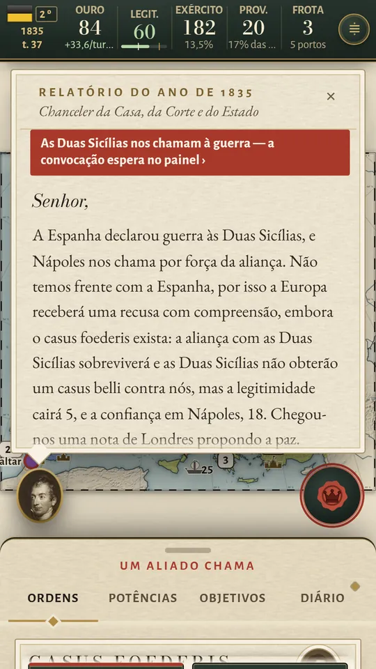 Tela de celular: o relatório do chanceler de 1835 com uma faixa vermelha: as Duas Sicílias nos chamam à guerra.