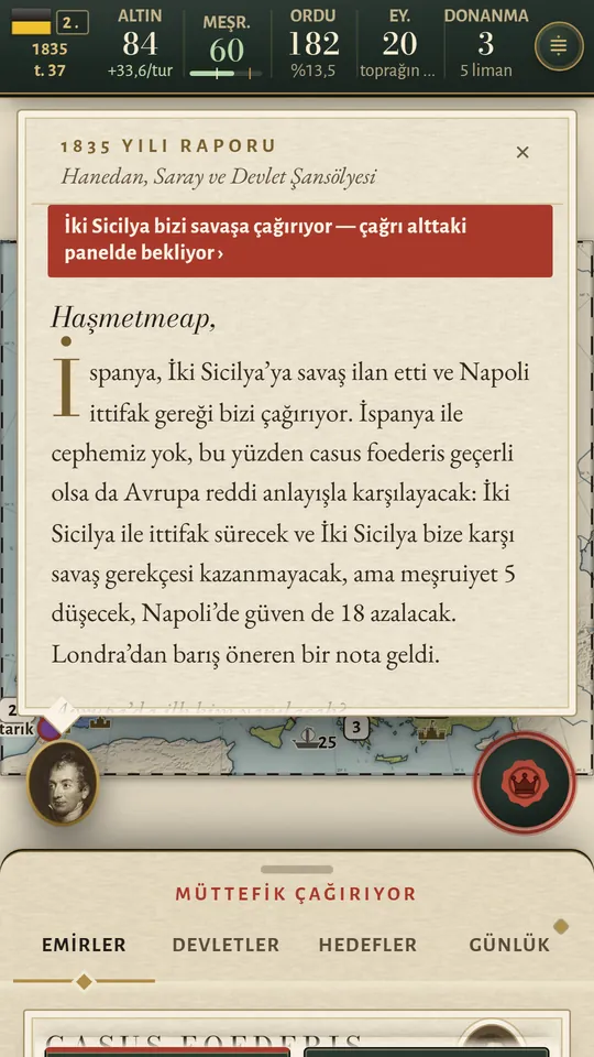 Telefon ekranı: şansölyenin 1835 yılı raporu ve kırmızı şerit: İki Sicilya bizi savaşa çağırıyor.